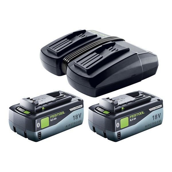 Festool Energie-Set mit zwei 18 Volt 8,0 Ampere Stunden Li-HighPower Airstream Bluetooth Akkus und einem TCL 6 DUO Schnellladegerät.