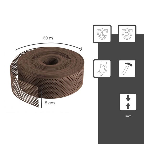 Rolle braune perforierte Rasenkante aus Kunststoff, 60 Meter lang, 8 Zentimeter hoch, 1 Millimeter stark, wetterfest und einfach zu montieren.
