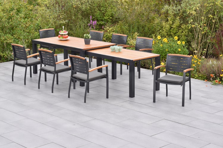 Tinos Gartenmöbel Set 7tlg., 6 Stapelsessel, Flex Ausziehtisch 180 (300) x 100 cm