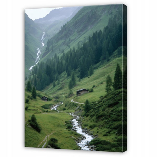 Wandbild mit Berglandschaft, Almhütten und einem Wasserfall in grüner Talmulde auf Leinwand.