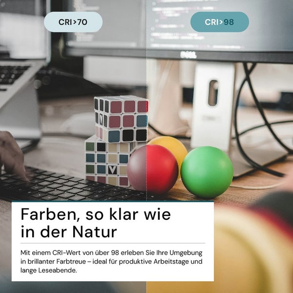 Büroszene mit Computer, Tastatur, Würfel und Bällen zur Veranschaulichung des Farbwiedergabeindex