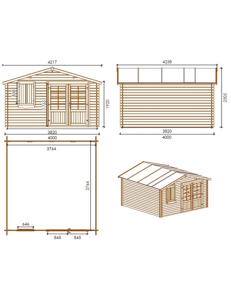 Technische Zeichnung eines Gartenhauses aus Holz mit Maßen für die Vorderansicht, Seitenansicht, Grundriss und Perspektive.