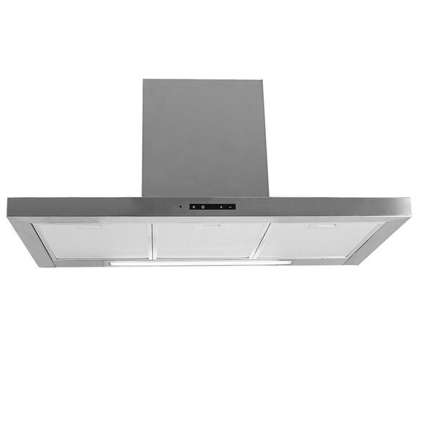 Wandhaube aus Edelstahl in T-Form mit drei Fettfiltern und integriertem Bedienfeld.