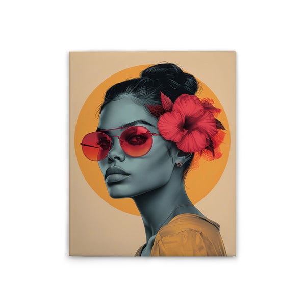 Gemälde einer Frau mit Sonnenbrille und Hibiskusblüte