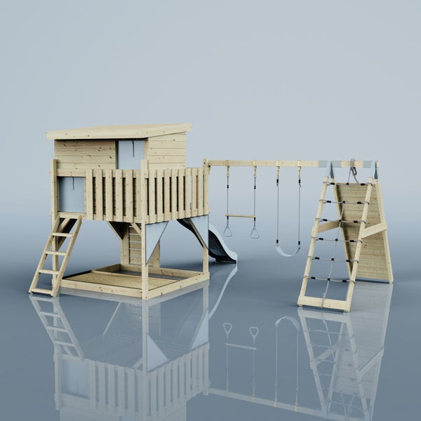 OutdoorToys Spielturm Aksel aus Holz in Blau Trapezstange