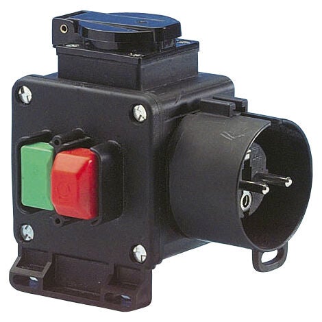 Schalter-Stecker-Kombination für Maschinen mit Start-Stopp-Tasten, integrierter Steckdose und Schutzkontakt-Stecker.