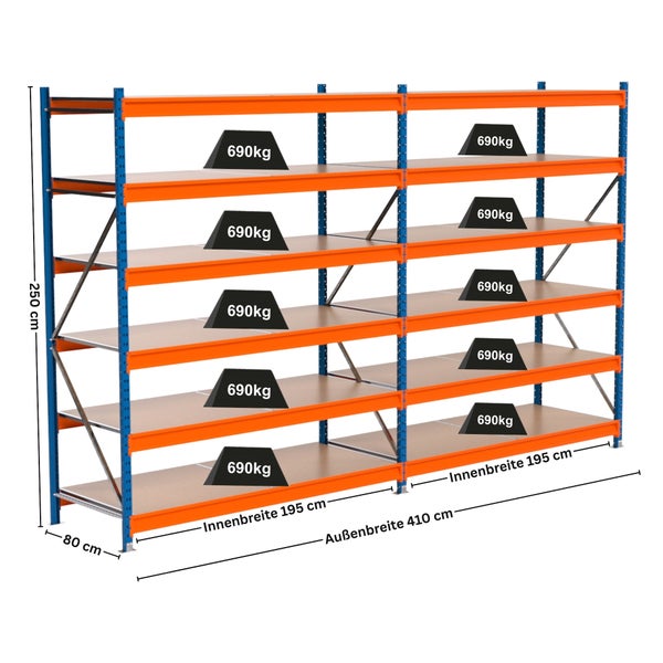 Lagerregal mit mehreren Ebenen und Gewichtsangabe