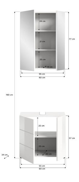 Maßzeichnung für ein Badezimmermöbel Set bestehend aus Spiegelschrank und Waschbeckenunterschrank mit Maßen in Zentimeter.