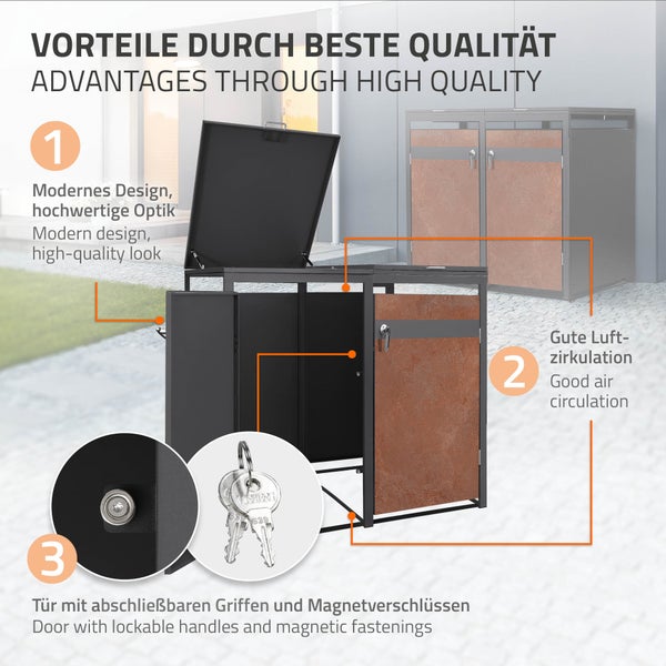 Mülltonnenbox aus Metall mit modernem Design, Belüftung für Luftzirkulation sowie abschließbaren Griffen und Magnetverschlüssen.