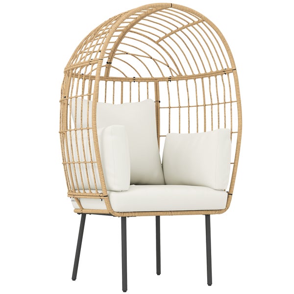 Outsunny Rattansessel Ei-Förmig mit abnehmbarem Kissen, Polster, übergroße Outdoor Sessel aus Rattan, Wetterfest Korbsessel Gartensessel Gartenstühle für Garten Balkon, Veranda, Terrasse Beige