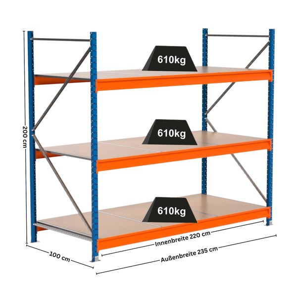 Lagerregal mit drei Ebenen und Gewichtsangaben