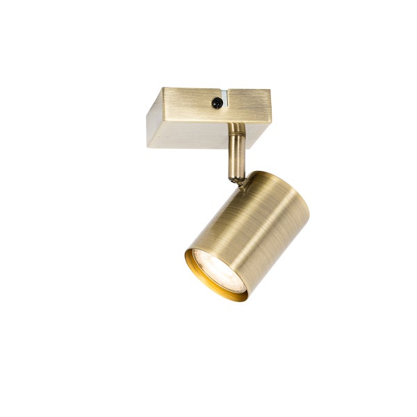 Wandstrahler Messing antik, verstellbar, Metallleuchte mit eckiger Basis und zylindrischem Kopf.