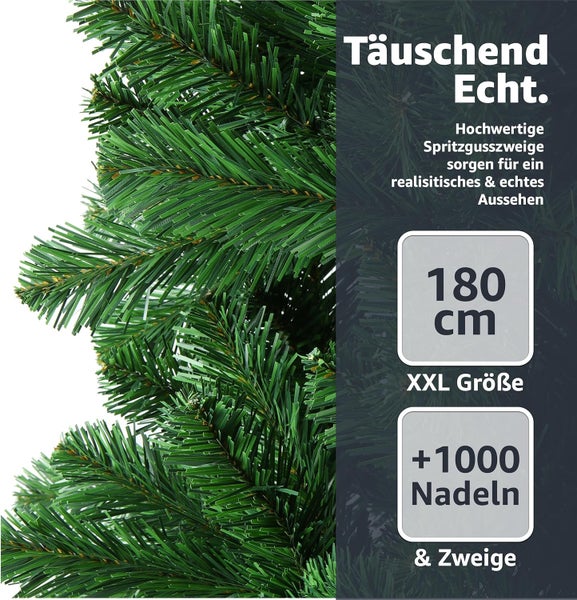 Detailansicht eines künstlichen Weihnachtsbaums mit Spritzgusszweigen und realistischer Optik, circa 180 cm hoch, in XXL Größe mit über 1000 Nadeln und Zweigen.