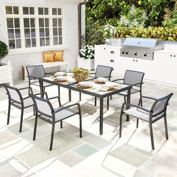 Outsunny Sitzgruppe 7 tlg. Essgruppe für 6 Personen Esstisch mit 6 Stapelbare Stühle, Esszimmergruppe Küchentisch-Set mit Stahlgestell Balkonmöbel Gartenmöbel für Terrasse, Balkon Grau