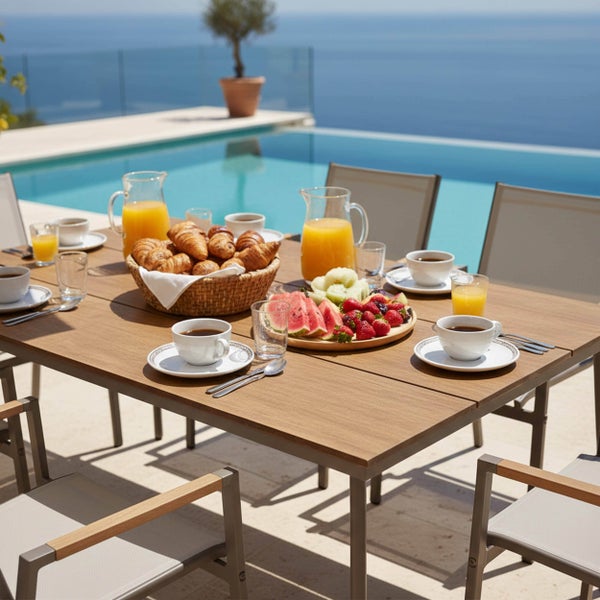 Modernes Gartenmöbel-Set bestehend aus Holztisch und passenden Stühlen auf einer hellen Terrasse neben einem Pool mit Blick auf das Meer.