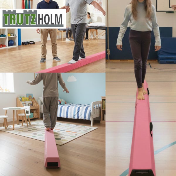 Trutzholm Logo. Schwebebalken im Einsatz bei Kindern und Erwachsenen in hellen Räumen wie Turnhalle und Kinderzimmer.