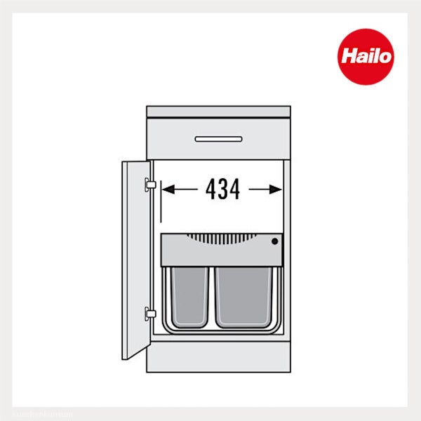 Hailo Einbaumülleimer im Küchenschrank mit zwei Abfallbehältern, Breite 434 Millimeter, Hailo Logo.