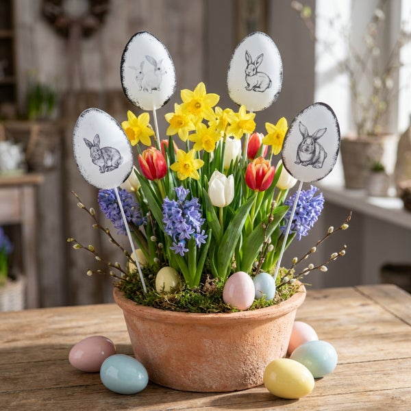 Ostergesteck in einem Tontopf mit Narzissen, Tulpen, Hyazinthen und Dekoeiern mit Hasenmotiven auf einem Holztisch.