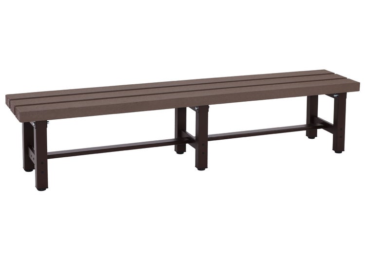Lange Sitzbank ohne Rückenlehne mit dreiteiliger Sitzfläche und dunklem Metallgestell.