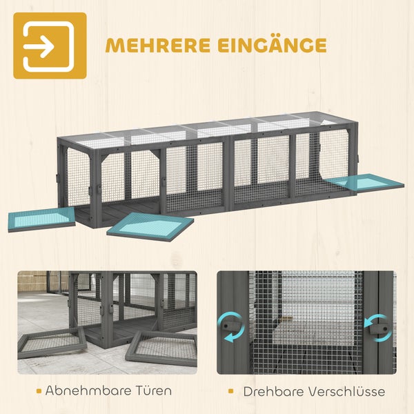 Modulares Kleintiergehege aus Holz und Draht, in verschiedenen Kombinationen wie nebeneinander oder über Eck auf einer Terrasse dargestellt.