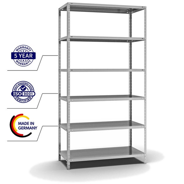 PROREGAL Fachbodenregal Schraubsystem Light-Duty Grundregal HxBxT 250 x 130 x 60 cm 6 Ebenen Fachlast 125 kg Beidseitig Nutzbar Verzinkt