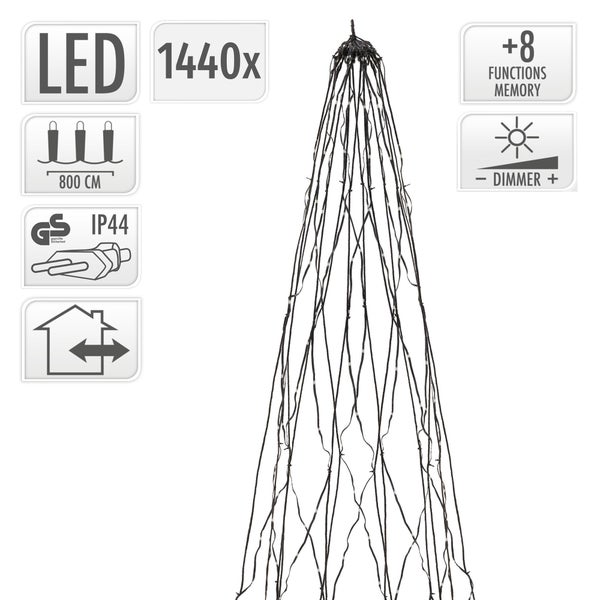 LED Lichterbaum mit 1440 LEDs, 800 Zentimeter Länge, 8 Funktionen mit Memory und Dimmer, Schutzart IP44 für Innen und Außen