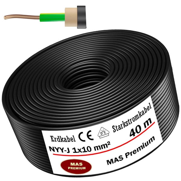 Schwarzes Erdkabel NYY-J 1 mal 10 Quadratmillimeter auf einer 40 Meter Rolle, MAS Premium Starkstromkabel.