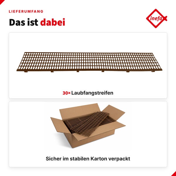 Technische Daten zum Inefa Laubschutzgitter aus Polypropylen mit den Maßen 100 mal 17 Zentimeter für Dachrinnenbreiten von 100 bis 150 Millimeter.