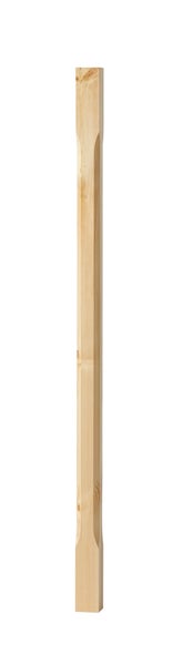 Senkrechter Holzpfosten aus Holz mit quadratischen Enden und abgeschrägtem Mittelteil für Geländer oder Treppen.