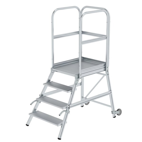 PROREGAL Podesttreppe Einseitig Begehbar Mit Rollen und Griffen Aluminium Geriffelt 4 Stufen Rutschsichere Leiterschuhe