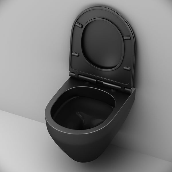 Wandhängende Toilette ohne Spülrand in Schwarz mit offenem Toilettendeckel.