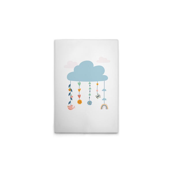 Leinwandbild mit Wolke, Vogel, Blumen und Regenbogen als Motiv für das Kinderzimmer