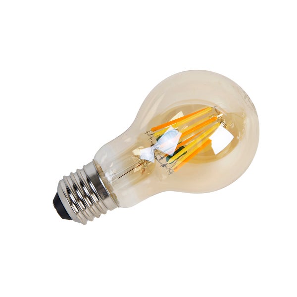 LED-Filament-Leuchtmittel mit E27-Sockel, goldfarbenem Glas und sichtbaren Glühfäden.