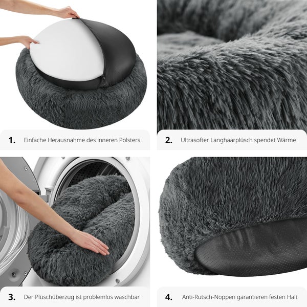 Produktdetails eines grauen Tierbetts mit einfacher Kissenentnahme, weichem Plüsch, Waschbarkeit und rutschfesten Noppen.
