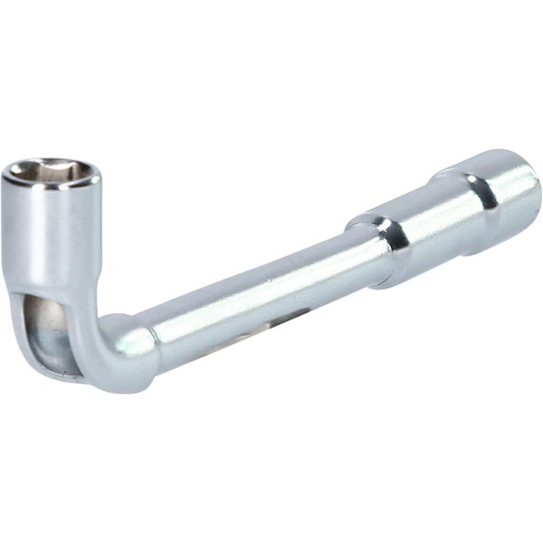 L-förmiger Pfeifenkopfschlüssel aus glänzendem Metall mit Sechskant-Profil an beiden Enden.