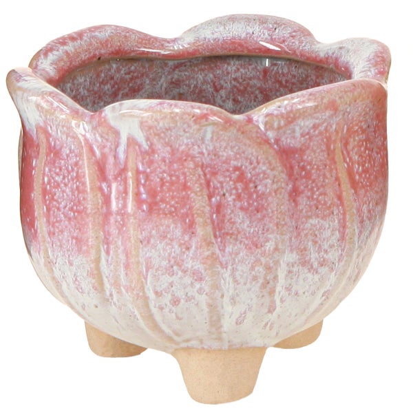 Blumentopf aus Keramik in Rosa und Weiß mit gewelltem Rand und drei Füßen.