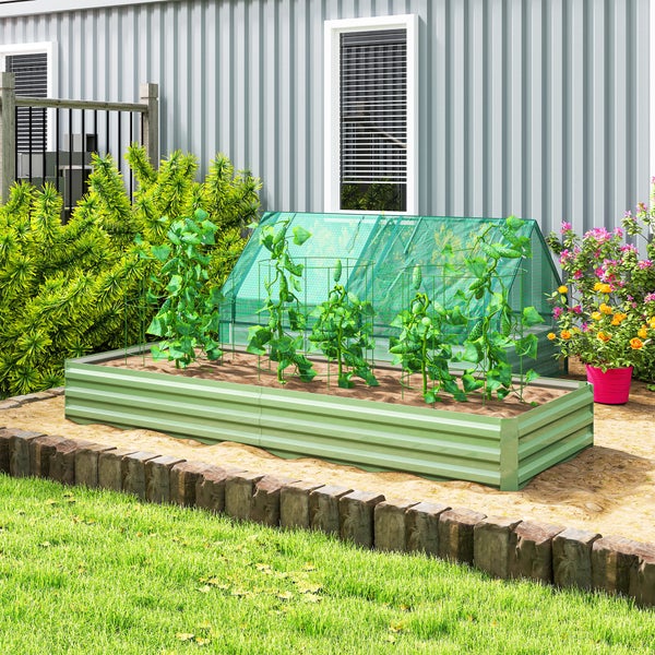 Outsunny Hochbeet Stahl, Pflanzbeet Frühbeet Gartenbeet Blumenkasten steckbar, Pflanzkasten Pflanzkübel Gemüsebeet 241x90,5x30cm für Garten Terrasse, für Blumen, Pflanzen, Obst, Gemüse, Grün