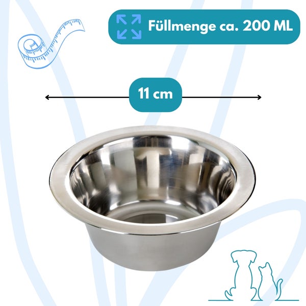 Edelstahlnapf mit einem Fassungsvermögen von circa 200 Millilitern und einem Durchmesser von 11 Zentimetern.