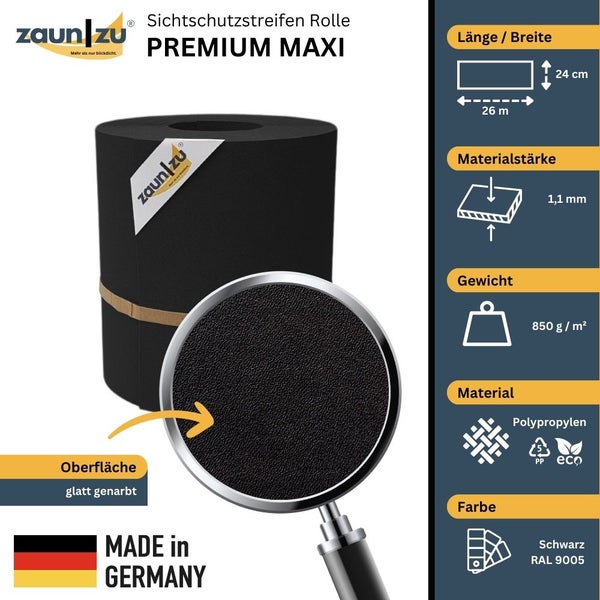 Zaun zu Premium Maxi Sichtschutzstreifen Rolle mit glatter, genarbter Oberfläche und Produktinformationen