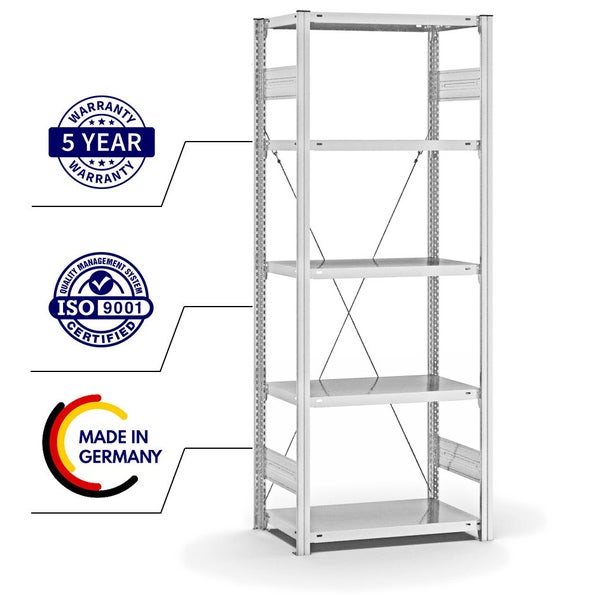 PROREGAL Fachbodenregal Stecksystem T-Profil Light-Duty Grundregal HxBxT 200 x 75 x 40 cm 5 Ebenen Fachlast 145 kg Einseitig Nutzbar Lichtgrau