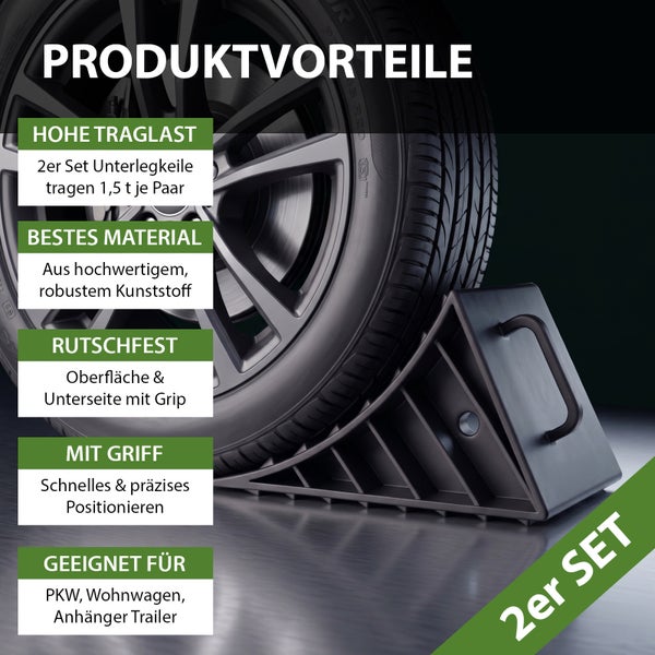 Set aus zwei Unterlegkeilen für Fahrzeuge wie PKW, Wohnwagen und Anhänger, aus robustem Kunststoff mit Griff für hohe Traglast und Rutschfestigkeit.