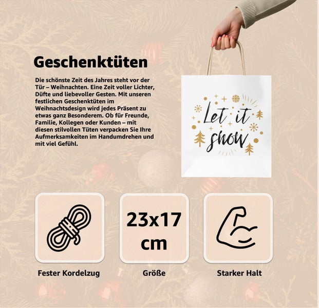 Geschenktüte mit Weihnachtsdesign, stabiler Kordelzug und Größe 23x17 cm
