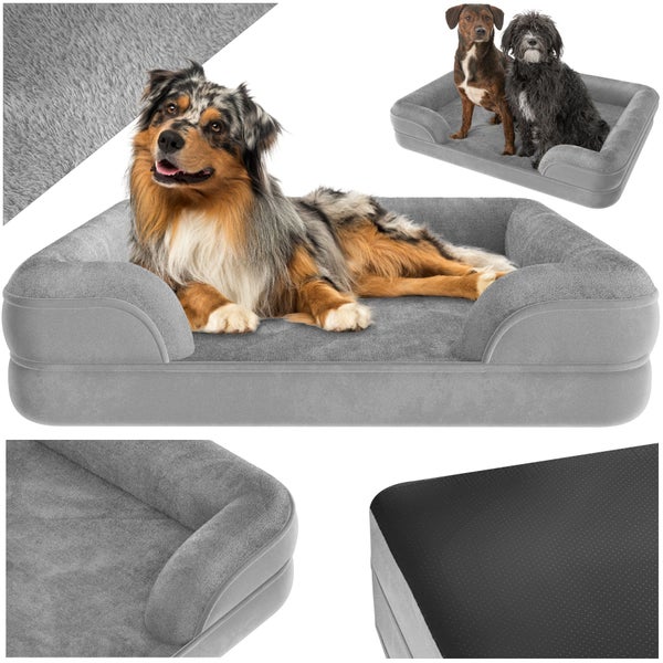 Graues Hundebett mit Liegefläche und zwei Hunden