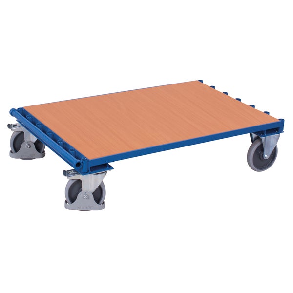 Transportroller mit Holzplattform und blauem Stahlrahmen auf vier Rollen.