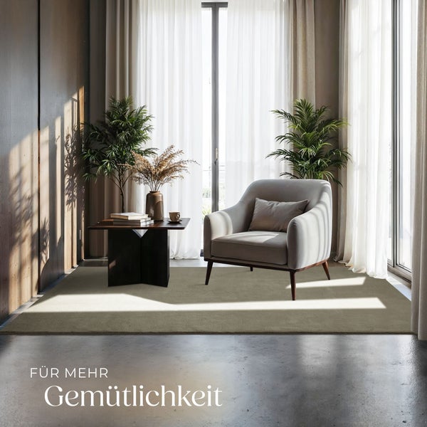 Helles, modern eingerichtetes Wohnzimmer mit großem Teppich, gepolstertem Sessel, Beistelltisch und Zimmerpflanzen vor bodentiefen Fenstern.