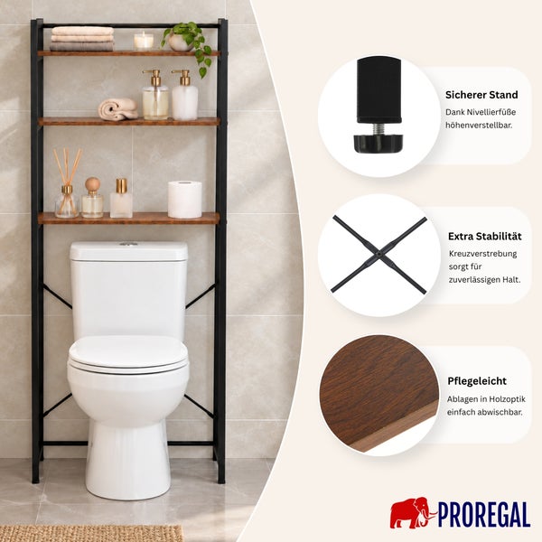 Proregal WC-Regal mit Ablagen in Holzoptik und schwarzem Metallrahmen, höhenverstellbar mit Kreuzverstrebung für Stabilität im Badezimmer.