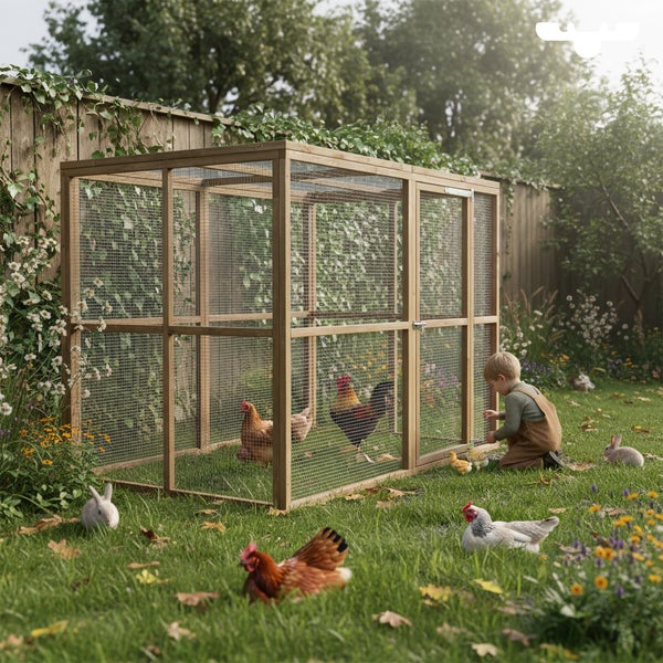 Hühnerstall aus Holz mit Maschendraht in einem Garten mit Hühnern, Kaninchen und einem Kind