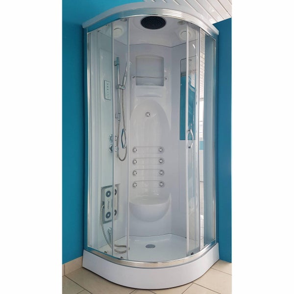 Runde Komplettduschkabine mit Massagedüsen, Handbrause und Regenduschkopf in einem modernen Badezimmer.