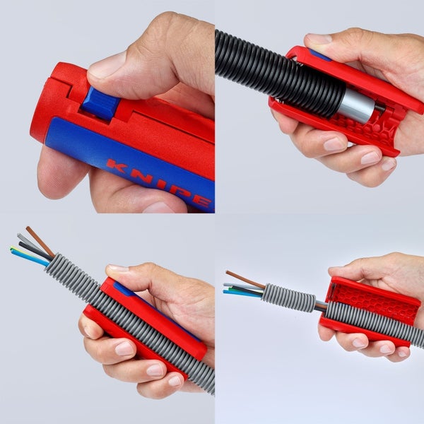 Mehrfachansicht eines Kabelmantelschneiders mit Kabel in der Anwendung