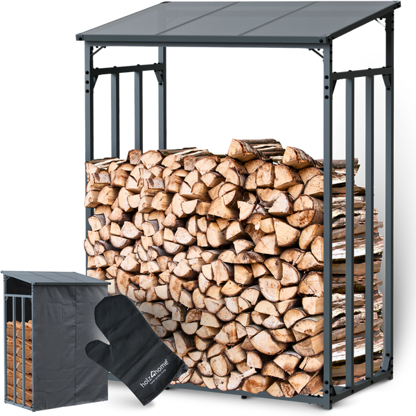 holz4home Kaminholzregal L Metall für Außen 1,6mÂ³ 2,5SRM Anthrazit inkl. Ofenhandschuh